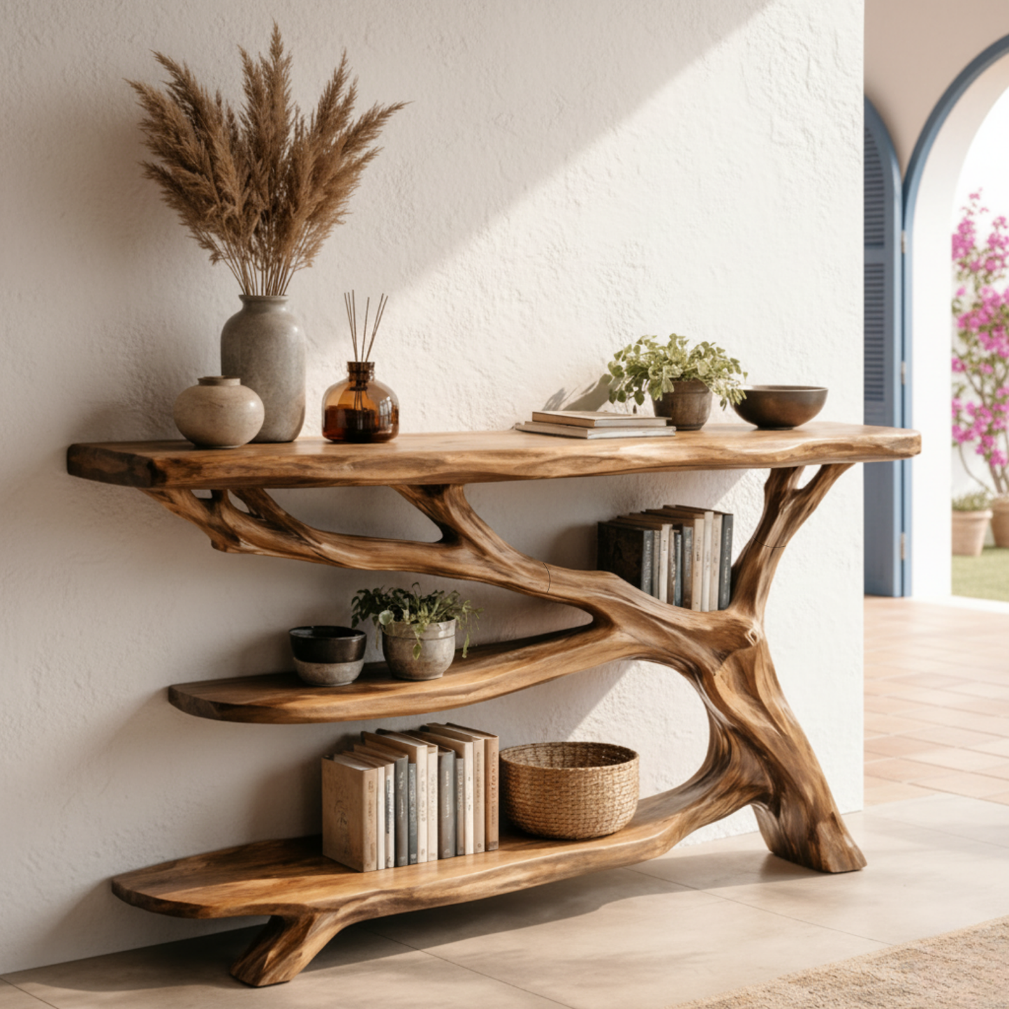 Sculptural Live Edge Wood Console Table with Organic Tree Base – Modern Rustic Design