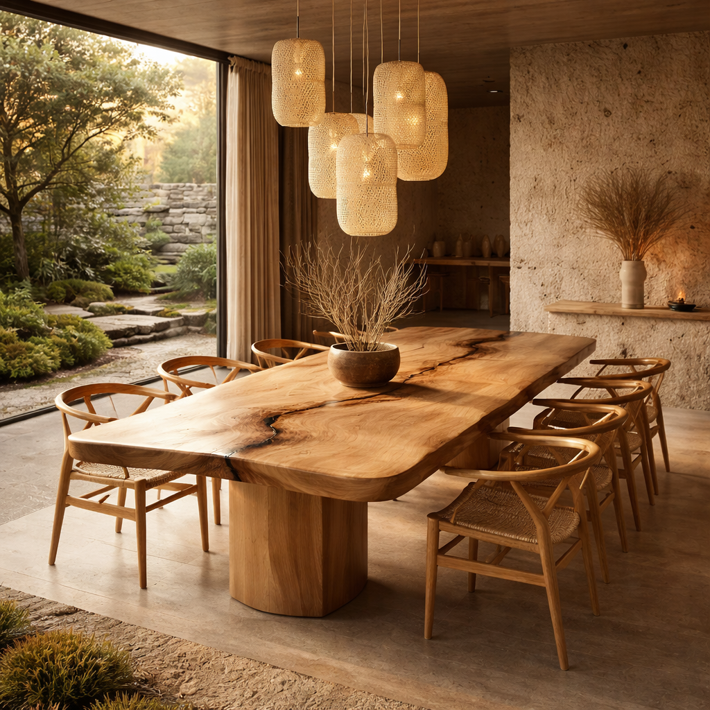 Live Edge Solid Wood Dining Table – Sculptural Japandi Table for Luxury Homes
