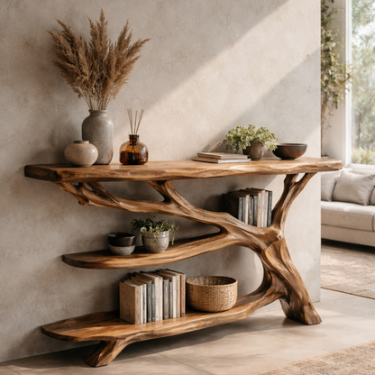 Sculptural Live Edge Wood Console Table with Organic Tree Base – Modern Rustic Design