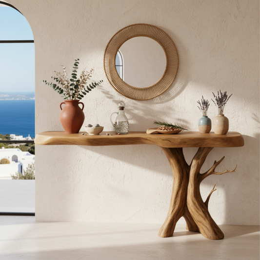 Modern Rustic Solid Wood Console Table with Tree-Inspired Base