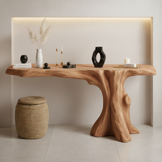 Live Edge Solid Wood Console Table with Sculptural Trunk Base