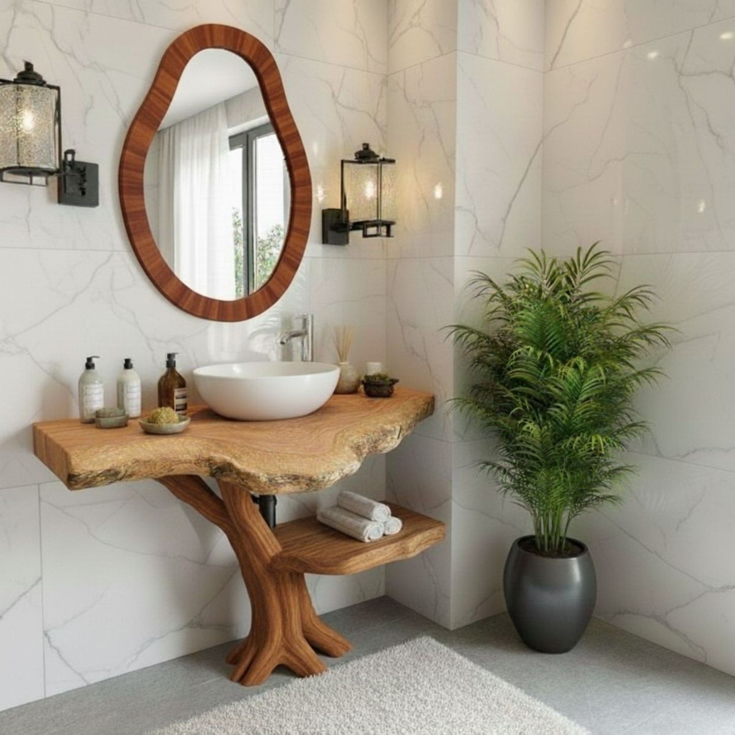 Organic Modern Solid Wood Bathroom Vanity with Live-Edge Countertop and Sculpted Tree-Trunk Base