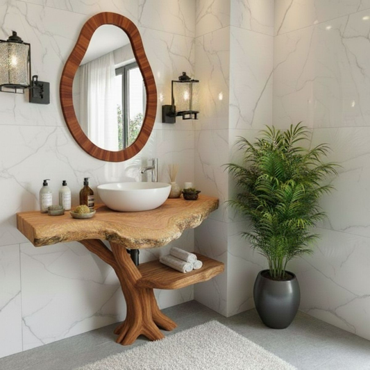 Organic Modern Solid Wood Bathroom Vanity with Live-Edge Countertop and Sculpted Tree-Trunk Base