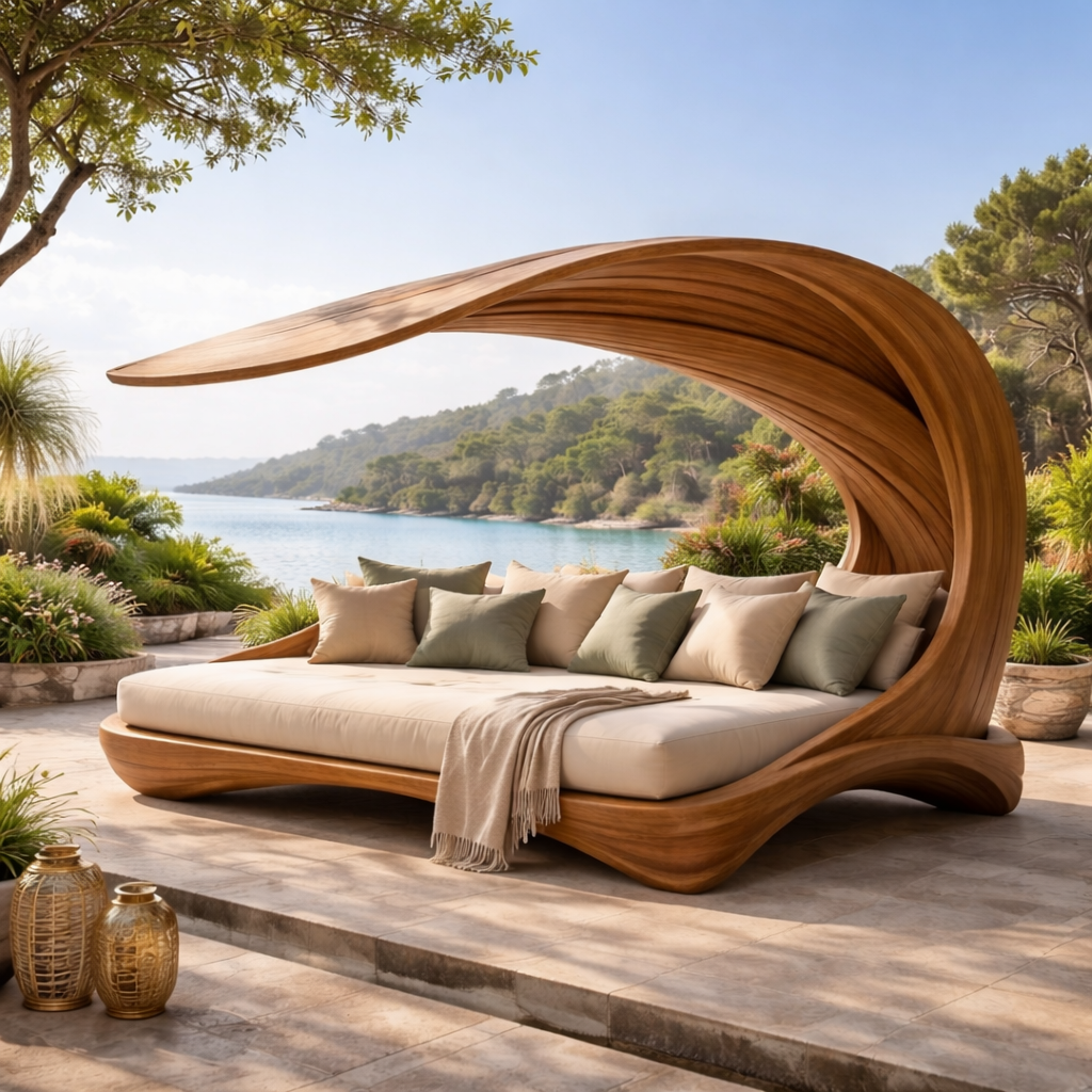 Sculptural Outdoor Wooden Daybed with Flowing Canopy