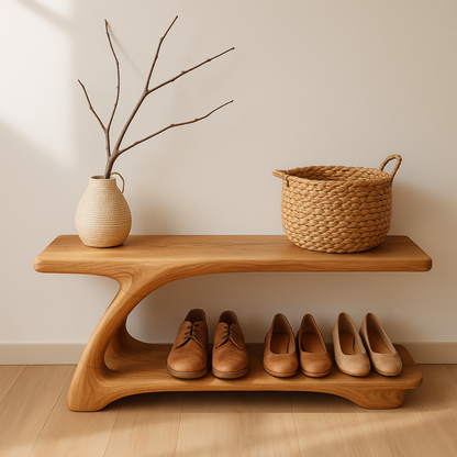 Sculpted Solid Wood Shoe Bench with Fluid Curved Base