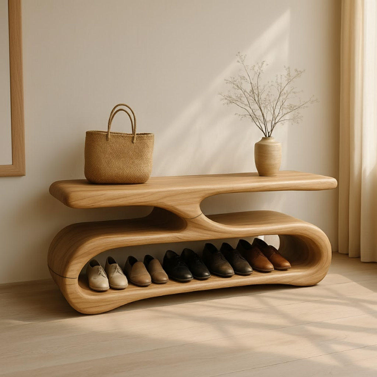 Organic Flow Shoe Bench in Solid Wood – Sculptural Entryway Storage