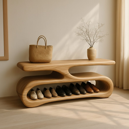 Organic Flow Shoe Bench in Solid Wood – Sculptural Entryway Storage