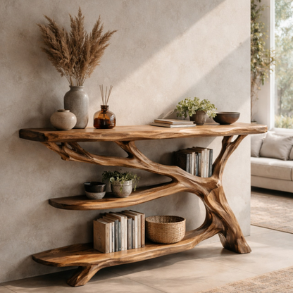 Sculptural Live Edge Wood Console Table with Organic Tree Base – Modern Rustic Design