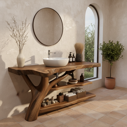 Organic Modern Solid Wood Bathroom Vanity with Tree-Trunk Base and Multi-Level Shelving
