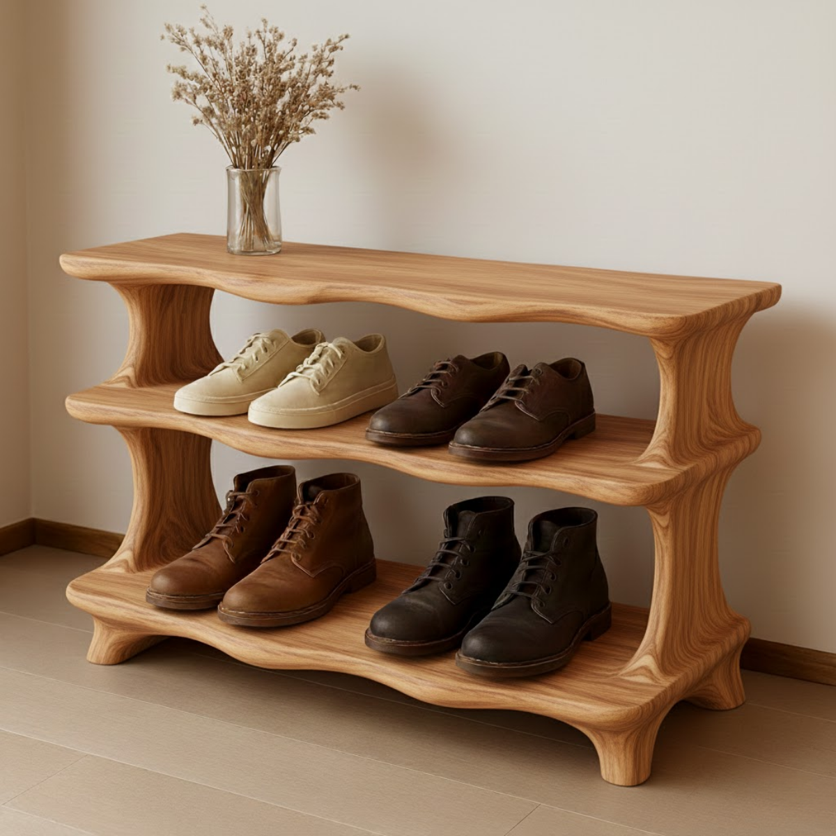 Handcrafted Flow-Form Shoe Shelf Featuring Rounded Fluid Contours