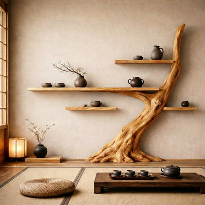 Japandi Tree Trunk Wall Shelves – Handcrafted Luxury Wood Art