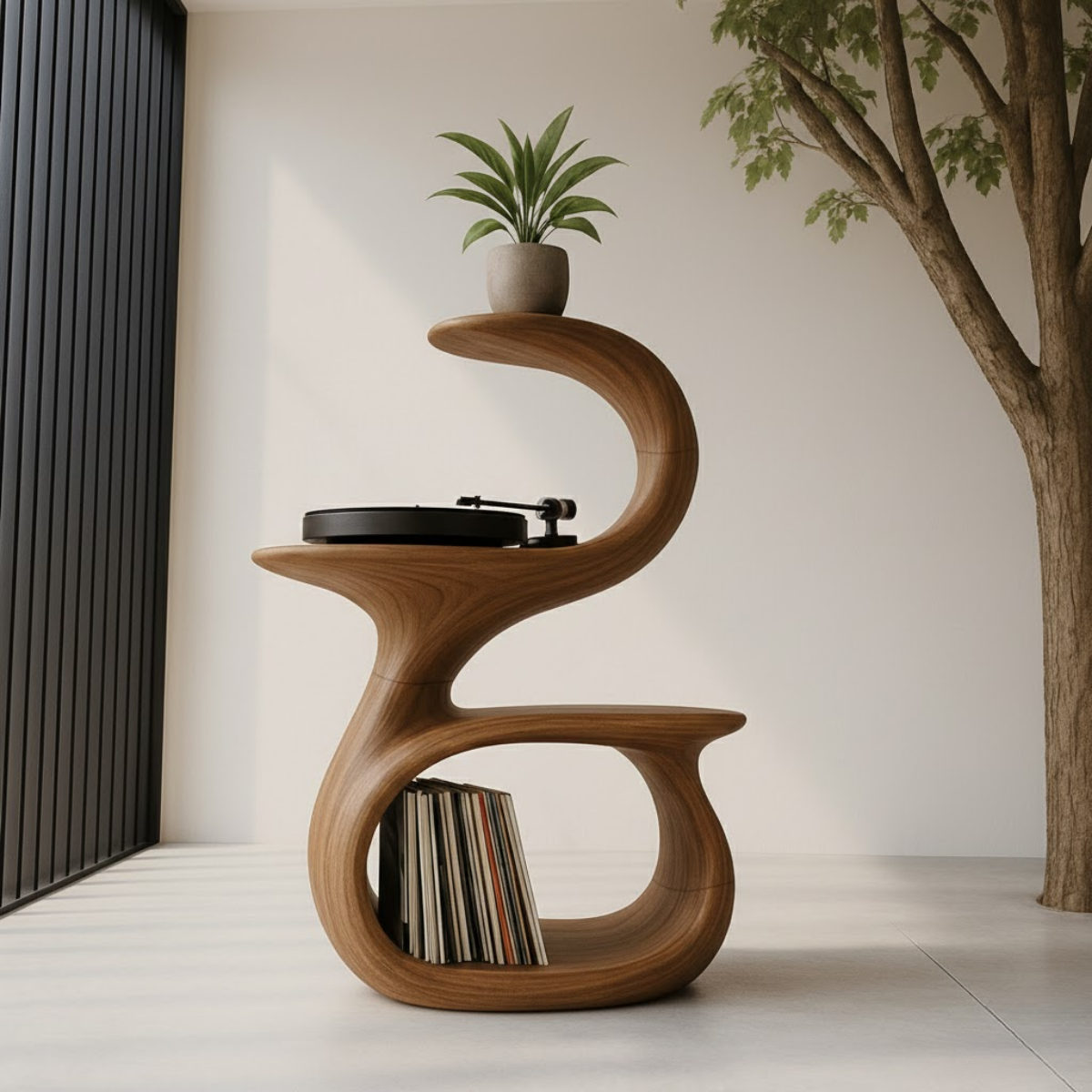S-Curve Sculpted Solid Wood Turntable Cabinet with Integrated Vinyl Storage