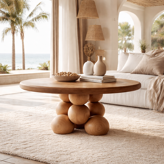 Nine Prosperity Sculptural Coffee Table – Solid Wood Sphere Base, Luxury Gallery Living Room Centerpiece