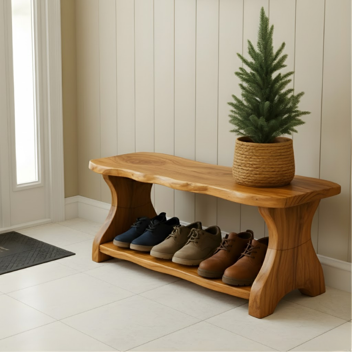 Live-Edge Solid Wood Shoe Bench – Organic Entryway Storage Seat