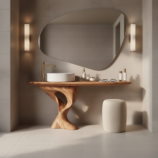 Organic Modern Solid Wood Bathroom Vanity with Sculpted Tree-Trunk Pedestal and Curved Live-Edge Top