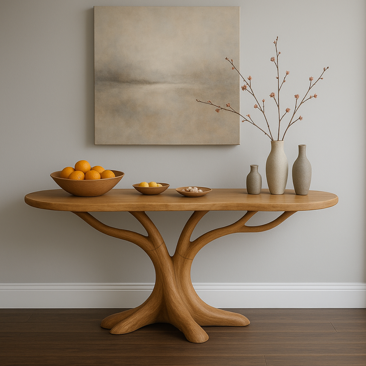 Hand-Carved Solid Wood Console Table in Branching Tree-Form Design