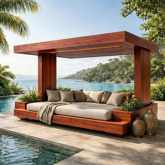 Sculptural Outdoor Wooden Daybed with Flowing Canopy
