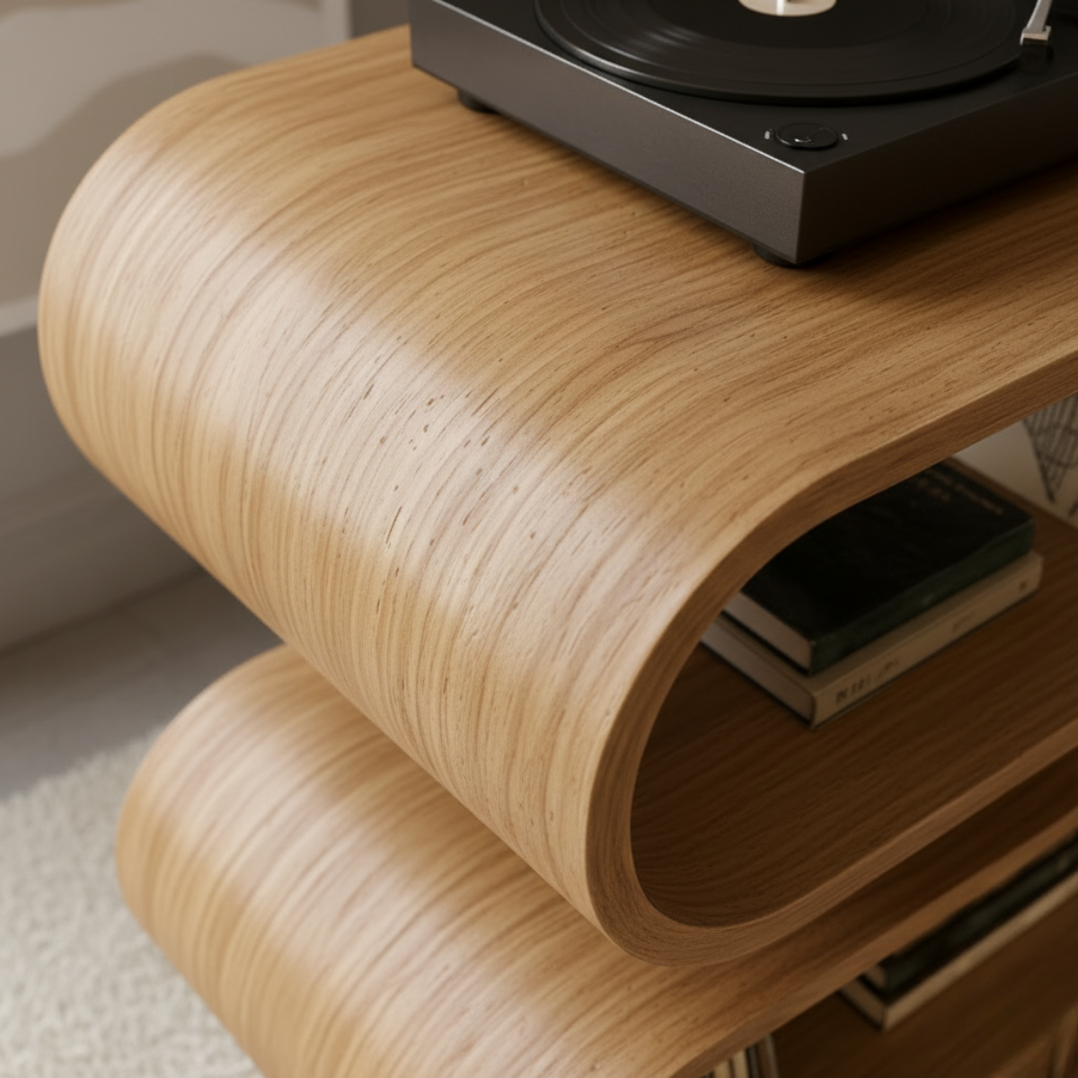 Organic Loop-Form Solid Wood Turntable Cabinet with Layered Vinyl Storage