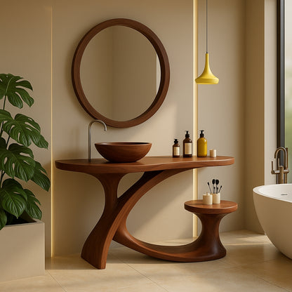 Organic Modern Solid Wood Bathroom Vanity with Sculpted Cross-Flow Base and Integrated Side Console