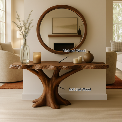 Organic Modern Solid Wood Console Table with Sculpted Tree-Trunk Base and Live-Edge Top