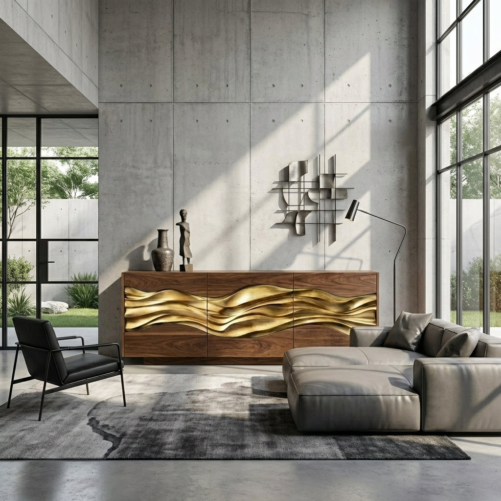 Architectural Sculptural Sideboard | Cabinet with Hand-Carved Gold-Plated Wave