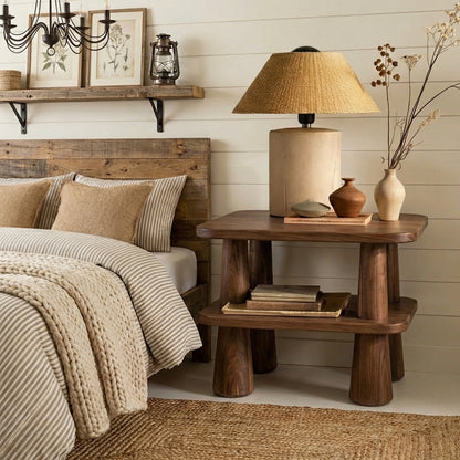 Handcrafted Solid Wood Side Table - Luxurious Bedside Table With Sculpted Trapezoid Design