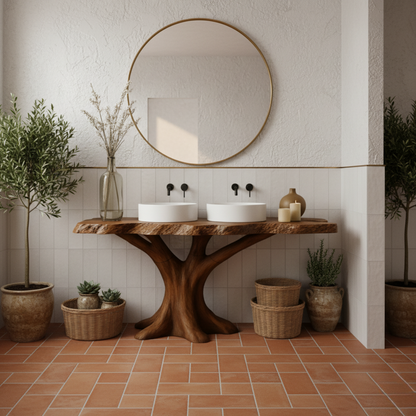 Organic Modern Solid Wood Console Table with Sculpted Tree-Trunk Base and Live-Edge Top