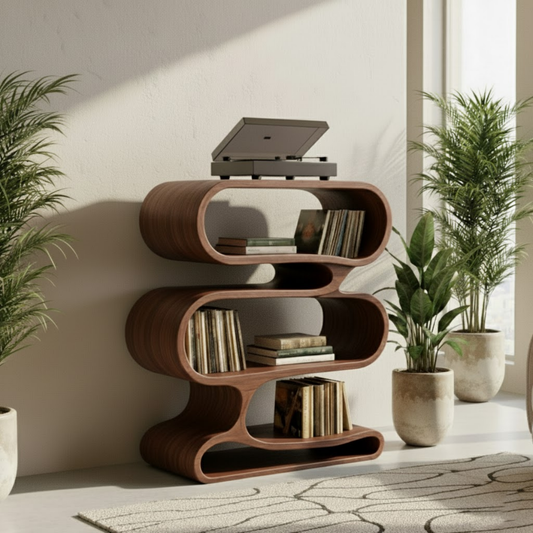 Organic Loop-Form Solid Wood Turntable Cabinet with Layered Vinyl Storage