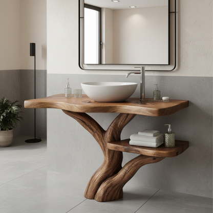 Organic Modern Solid Wood Bathroom Vanity with Tree-Trunk Sculpted Base and Live-Edge Shelf