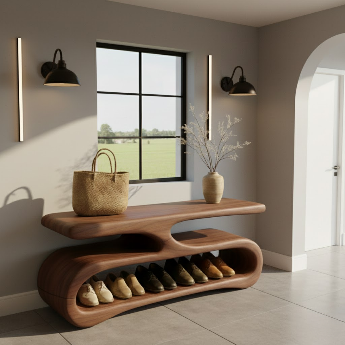 Organic Flow Shoe Bench in Solid Wood – Sculptural Entryway Storage