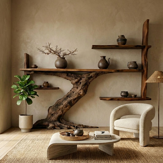 Japandi Sculptural Tree Trunk Shelves for Luxury Interiors
