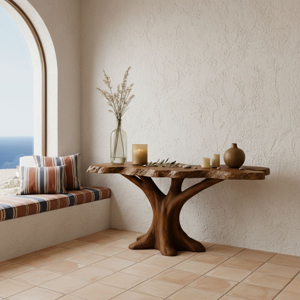 Organic Modern Solid Wood Console Table with Sculpted Tree-Trunk Base and Live-Edge Top