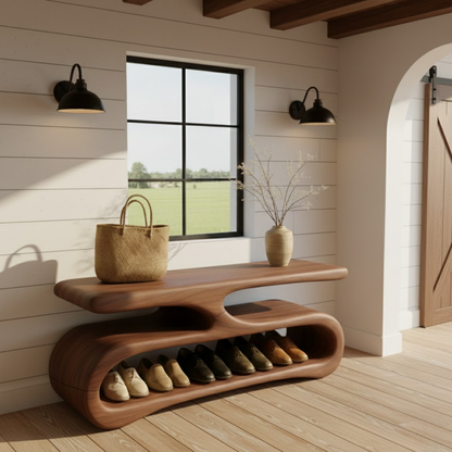 Organic Flow Shoe Bench in Solid Wood – Sculptural Entryway Storage
