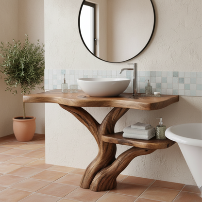 Organic Modern Solid Wood Bathroom Vanity with Tree-Trunk Sculpted Base and Live-Edge Shelf