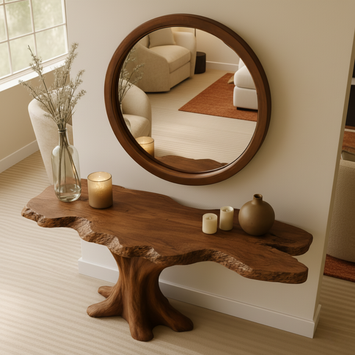 Organic Modern Solid Wood Console Table with Sculpted Tree-Trunk Base and Live-Edge Top
