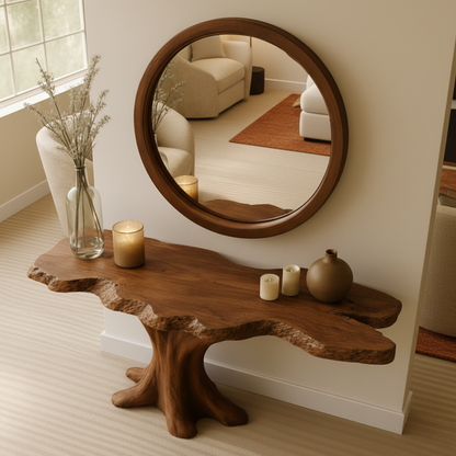 Organic Modern Solid Wood Console Table with Sculpted Tree-Trunk Base and Live-Edge Top