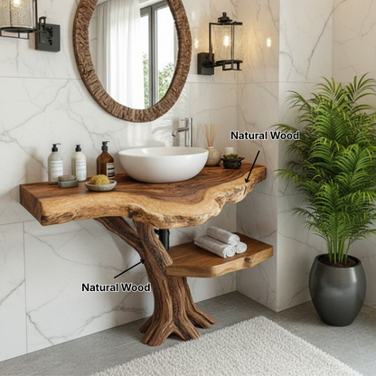 Organic Modern Solid Wood Bathroom Vanity with Live-Edge Countertop and Sculpted Tree-Trunk Base