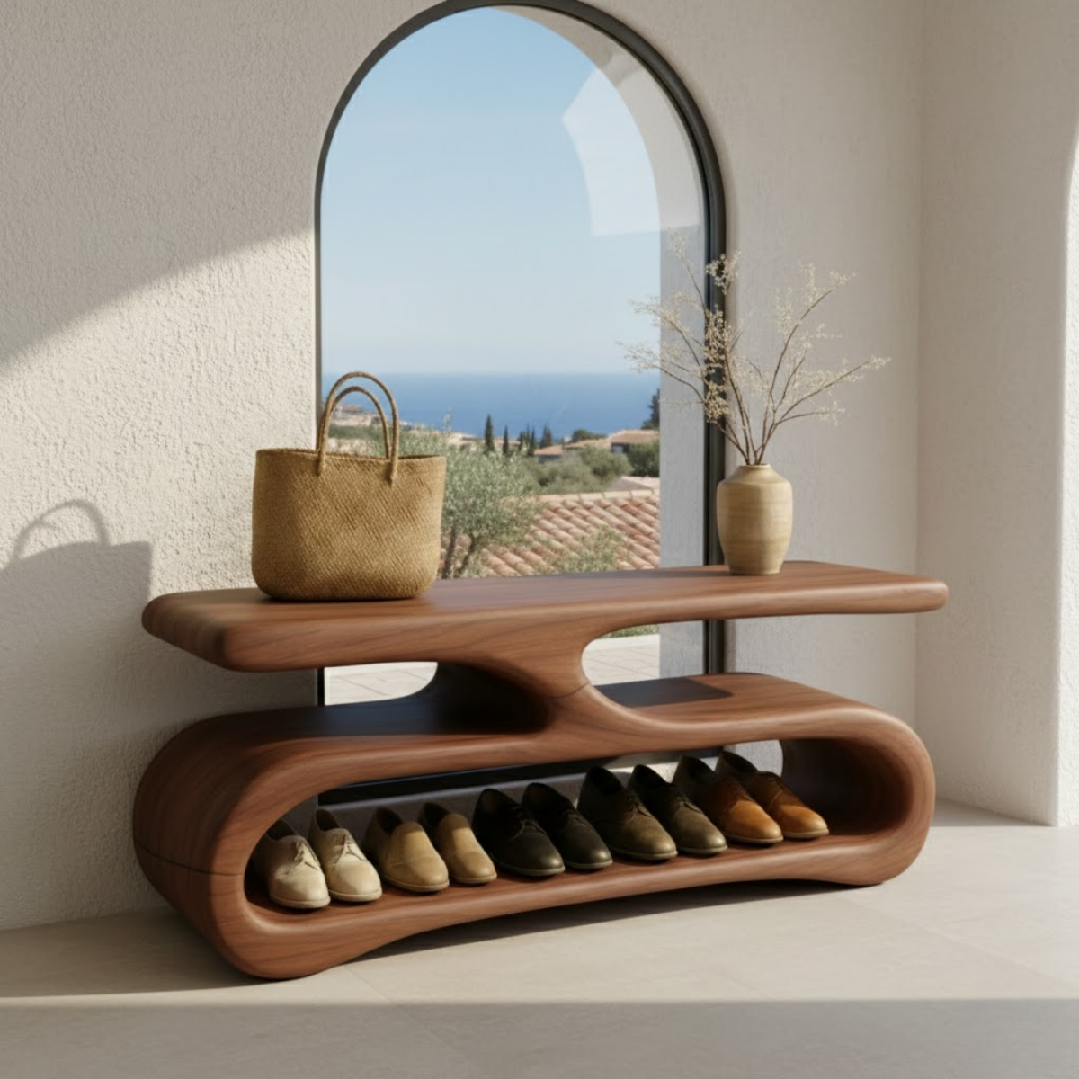Organic Flow Shoe Bench in Solid Wood – Sculptural Entryway Storage