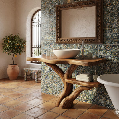 Organic Modern Solid Wood Bathroom Vanity with Tree-Trunk Sculpted Base and Live-Edge Shelf