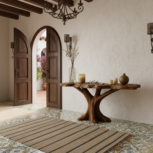 Organic Modern Solid Wood Console Table with Sculpted Tree-Trunk Base and Live-Edge Top