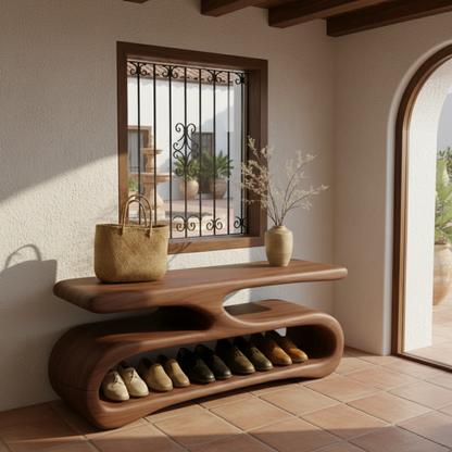 Organic Flow Shoe Bench in Solid Wood – Sculptural Entryway Storage