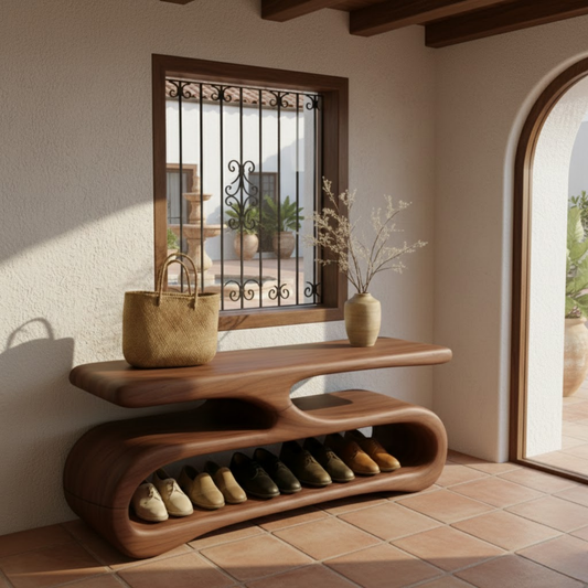 Organic Flow Shoe Bench in Solid Wood – Sculptural Entryway Storage