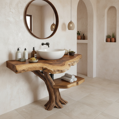 Organic Modern Solid Wood Bathroom Vanity with Live-Edge Countertop and Sculpted Tree-Trunk Base