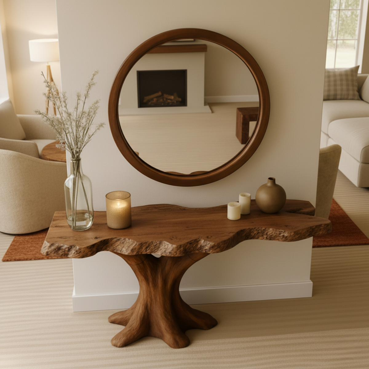 Organic Modern Solid Wood Console Table with Sculpted Tree-Trunk Base and Live-Edge Top