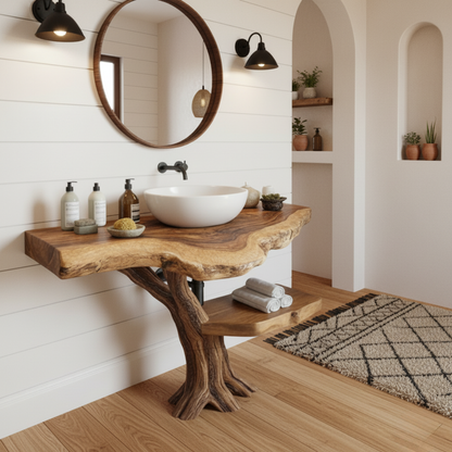 Organic Modern Solid Wood Bathroom Vanity with Live-Edge Countertop and Sculpted Tree-Trunk Base