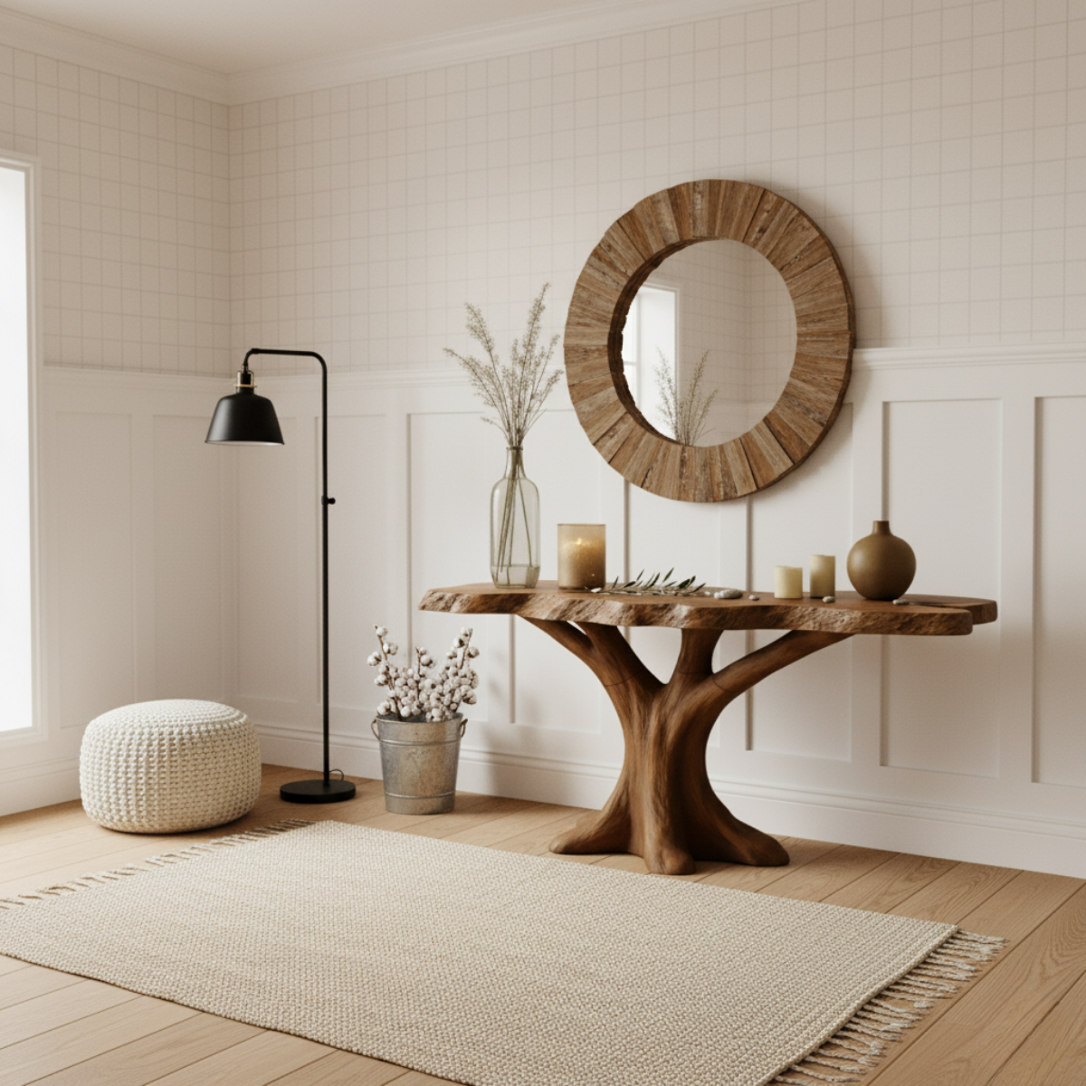Organic Modern Solid Wood Console Table with Sculpted Tree-Trunk Base and Live-Edge Top