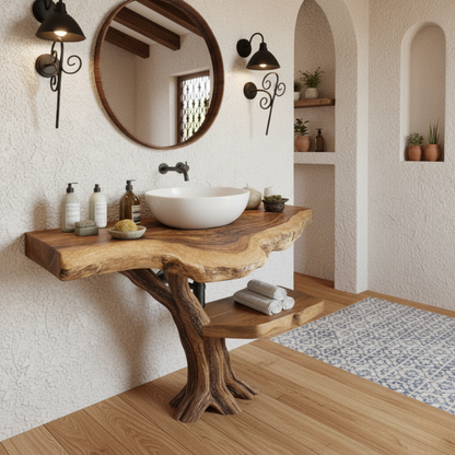 Organic Modern Solid Wood Bathroom Vanity with Live-Edge Countertop and Sculpted Tree-Trunk Base