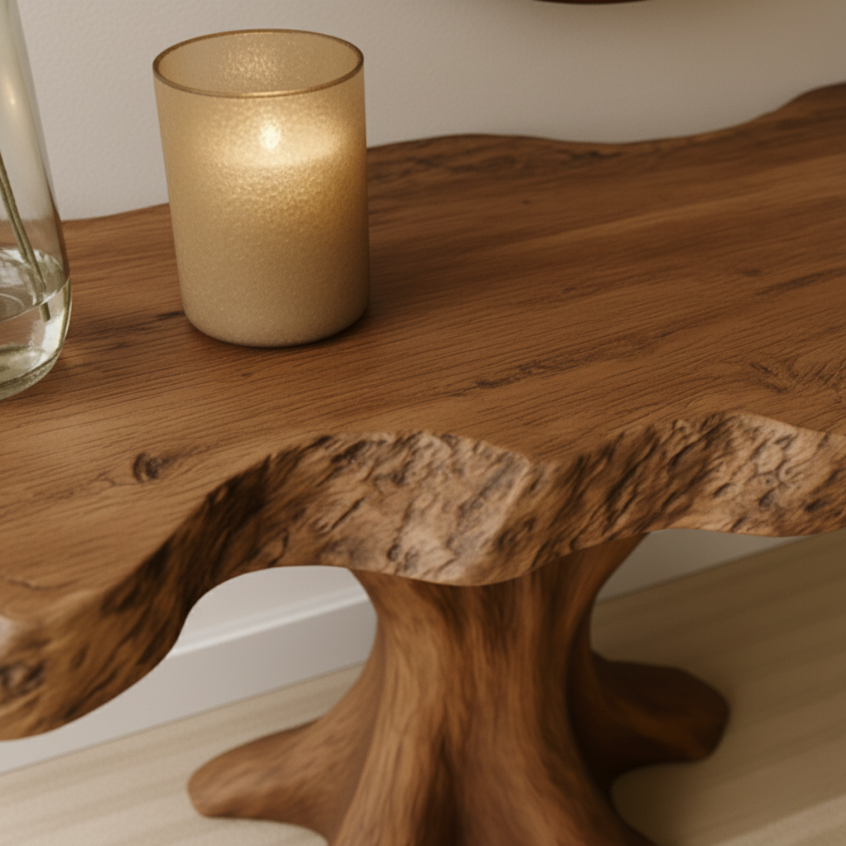 Organic Modern Solid Wood Console Table with Sculpted Tree-Trunk Base and Live-Edge Top