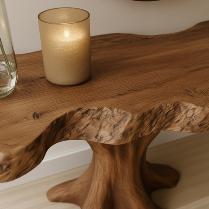 Organic Modern Solid Wood Console Table with Sculpted Tree-Trunk Base and Live-Edge Top