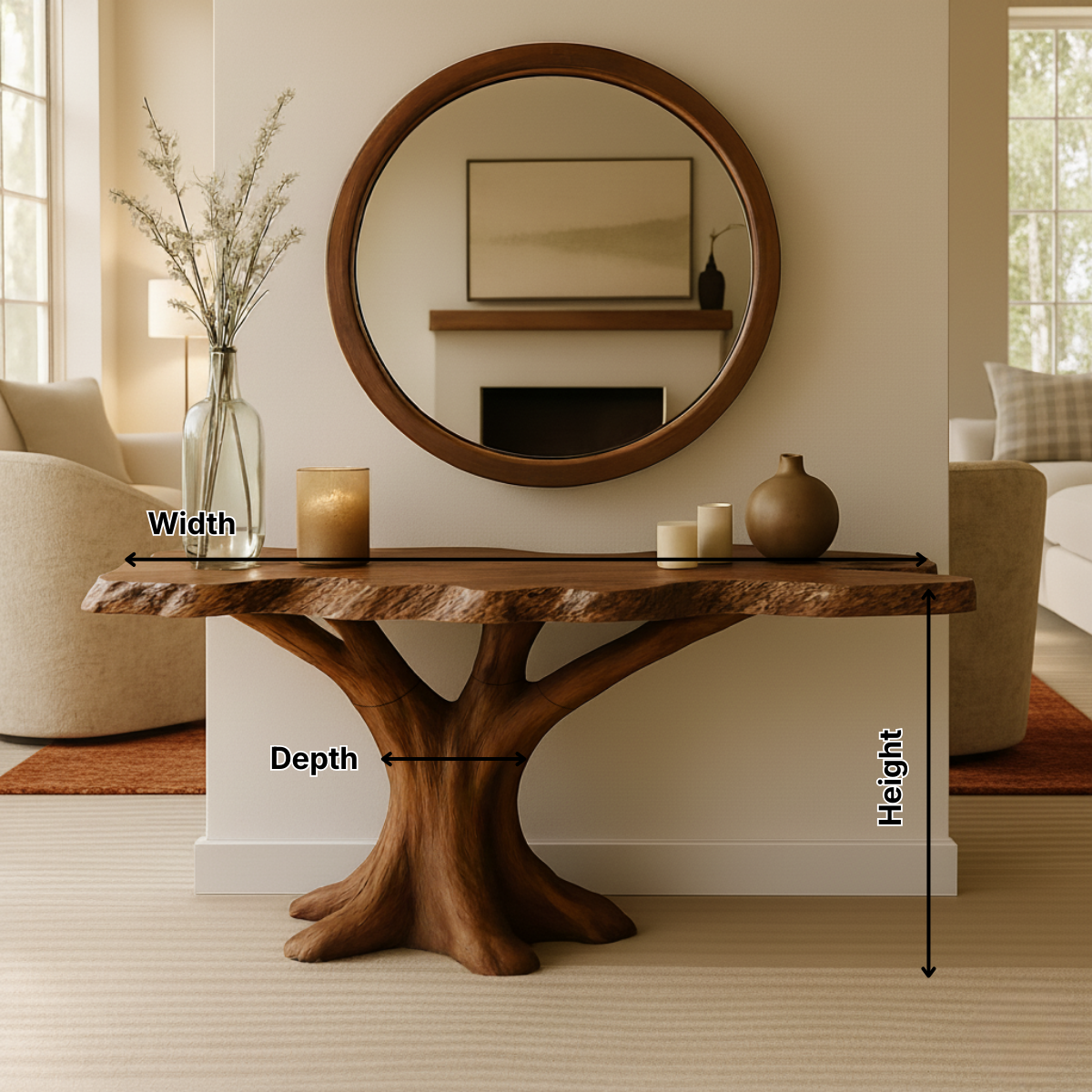 Organic Modern Solid Wood Console Table with Sculpted Tree-Trunk Base and Live-Edge Top